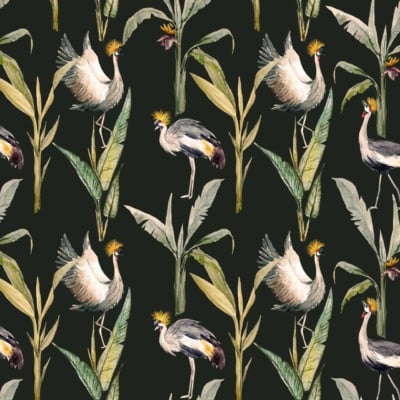 Wallpaper featuring crowned cranes with yellow plume feathers and long legs, surrounded by tall green and beige leafy plants on a dark green background. Illustrations showcase cranes in various dynamic poses. Key elements: crowned cranes, yellow plume, long legs, green and beige leafy plants, dark green background.