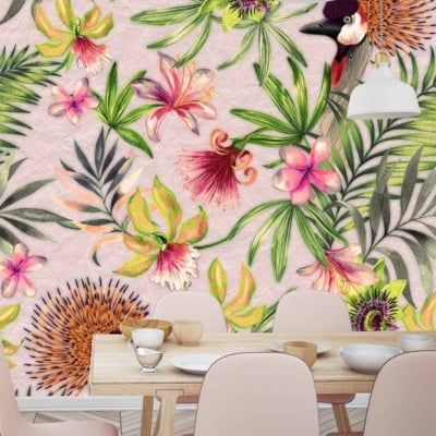 Vibrant tropical wallpaper featuring colorful flowers, lush green leaves, and a strutting toucan.