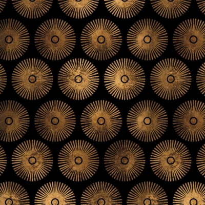A wallpaper featuring golden, radial sunburst designs uniformly spaced on a black background. Each sunburst has a circular center with radiant rays extending outward, creating a symmetrical and harmonious geometric pattern. The elements include golden center circles and radiating rays, set against the black backdrop. The colors are predominantly gold and black, symbolizing success and brilliance.