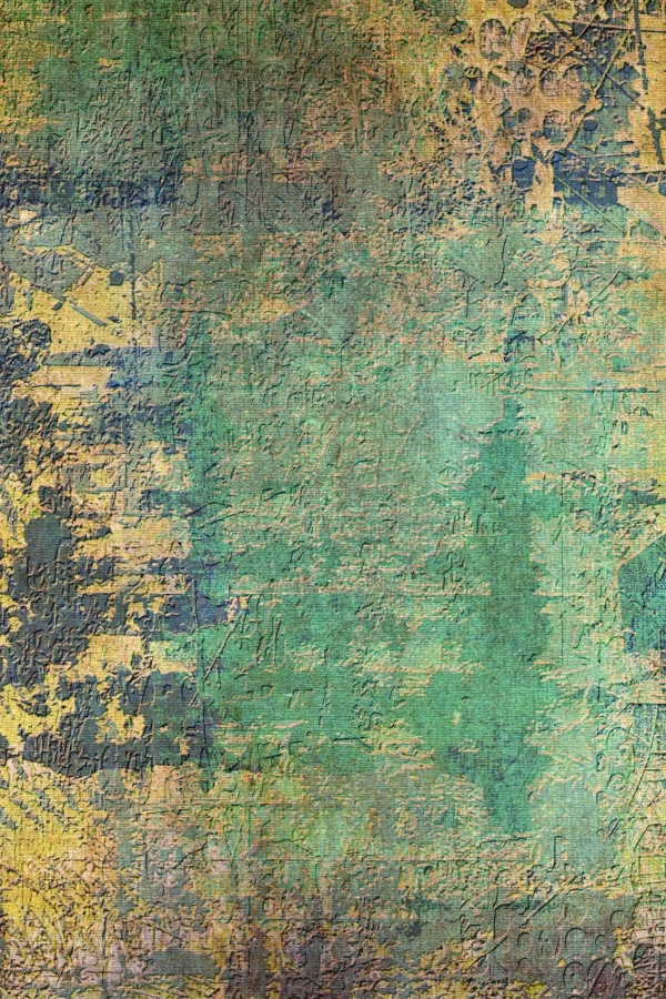 Abstract painting features a textured surface with a blend of green, yellow, and black colors. The wallpaper captures the tranquil mood of Sundays, showcasing intricate scratches and markings for a weathered appearance. Elements include abstract patterns and soothing tones for a serene ambiance.