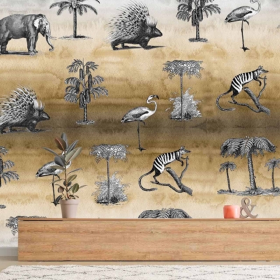 Artistic wallpaper features monochrome illustrations of various animals: elephants, porcupines, flamingos, and lemurs. Simplistic drawings of trees and vegetation. Gradient beige background reminiscent of a serene sunset.