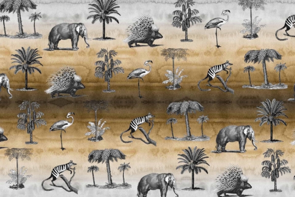 Vintage wallpaper features a repeating pattern of grayscale elephants, porcupines, flamingos, and lemurs amidst palm trees and small plants. The animals and trees are illustrated on a brown gradient background, creating an essence of sunset. Key elements: elephants, porcupines, flamingos, lemurs, palm trees, small plants. Colors: grayscale illustrations on brown gradient background.