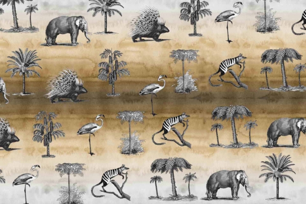 Vintage safari wallpaper featuring elephants, porcupines, flamingos, palm trees, and zebras. The design alternates between monochrome and sepia-toned illustrations. Classic aesthetic with sunset-inspired colors. Monochrome elements showcase the animals in detailed line art, while sepia tones evoke a nostalgic feel. Ideal for those seeking a timeless and tranquil scene of African wildlife at dusk.