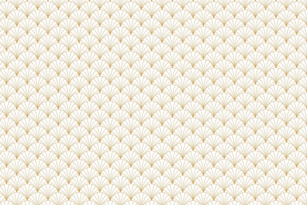 A seamless wallpaper pattern featuring gold lines forming elegant, repetitive fan-like shapes on a crisp white background. The design showcases a subtle art deco style, offering a sophisticated and symmetrical appearance. Perfect for adding a touch of class to kids' activity spaces or playful playground settings. Key elements: gold lines, fan shapes, white background, art deco style.