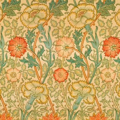 Vintage floral wallpaper, Swiss Cottage-inspired, large flowers with orange, red, white petals, green leaves and stems, light beige background, repetitive ornate pattern, classic antique aesthetic.