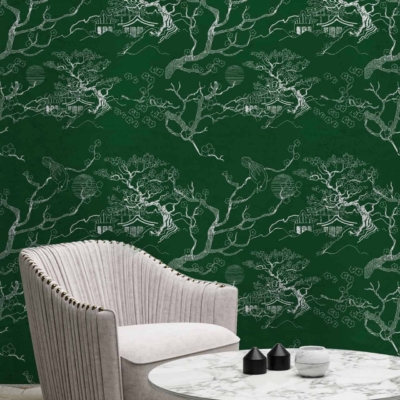 Dark green wallpaper with intricate white tree and foliage patterns evoking a 