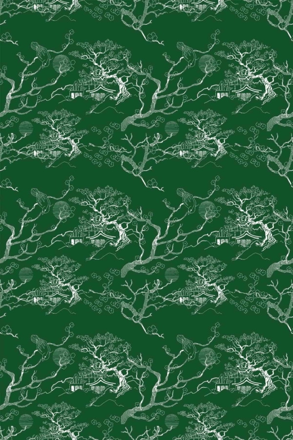 Green background wallpaper featuring white, intricately drawn trees with twisting branches, scattered leaves, traditional Asian-style buildings nestled among the foliage. Butterflies and clouds interspersed throughout evoke a nostalgic feel.