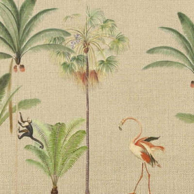 A tropical-themed wallpaper with palm trees and coconuts, a climbing monkey, a colorful flamingo taking off, and a smaller tree with feathery fronds. Background has a woven, textile-like texture. Dominant colors: greens (trees), browns (coconuts), pinks and reds (flamingo), neutral tones for background texture.