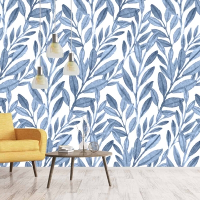 The wallpaper features a blue and white leafy pattern.