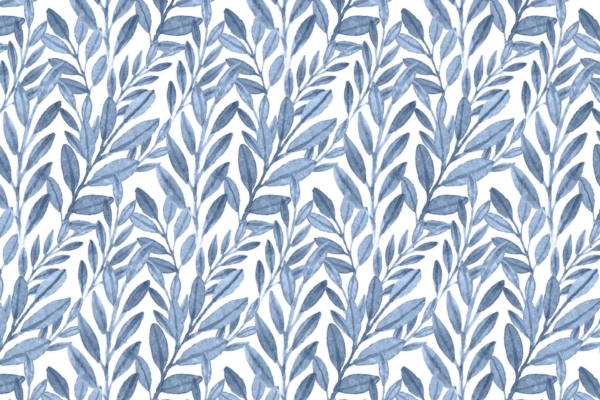 Wallpaper: Seamless pattern of watercolor-painted blue and gray leafy branches. Dense, repeating design with elegantly arranged leaves on a white background. Calming, natural aesthetic with shades of blue and gray. Perfect for creating a soothing atmosphere.