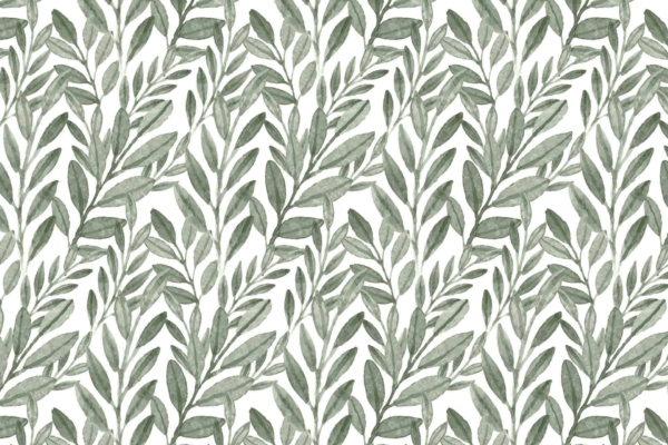 Seamless wallpaper pattern featuring lush, detailed green watercolor leaves arranged in vertical lines on a white background. Natural, organic feel. Elements: leafy branches, green hues, white backdrop. Colors: various shades of green, white. Ideal for a serene tea time ambiance.