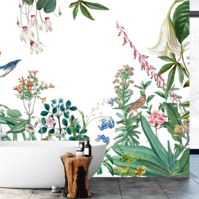 Vibrant mural featuring various colorful flowers and birds. Elements: flowers, birds, nature-inspired. Colors: multiple vibrant hues.