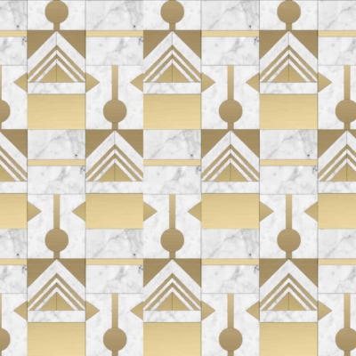 Wallpaper features geometric shapes: triangles, circles, and rectangles. Includes gold and marble textures. Design is repetitive and symmetric, resembling a bellhop's uniform. Elegant modern mosaic with highlighted colors of gold, white, and black marble pattern.