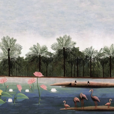 Wallpaper Illustration: Serene Lake Scene
Elements:
- Pink and white lotus flowers
- Flamingos near the shore
- Tall trees on the horizon
- Small island with two seated people
Colors:
- Soft pink (lotus flowers)
- White (lotus flowers and overcast sky)
- Light blue and gray (lake water, sky)
- Green (trees, foliage around lake)
- Pale coral and white (flamingos)
Highlighted Details:
Serene lake, lotus flowers, flamingos by shore, tall tree line, island vacationers, overcast sky.