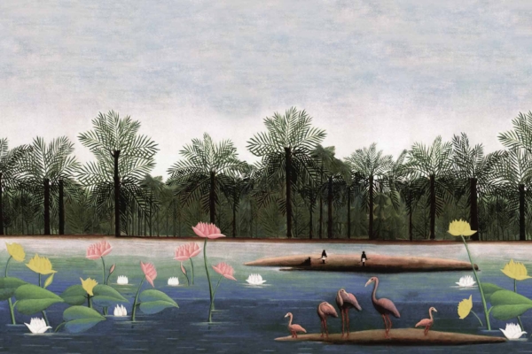 Wallpaper Illustration: Serene Lake Scene

Elements:
- Pink and white lotus flowers
- Flamingos near the shore
- Tall trees on the horizon
- Small island with two seated people

Colors:
- Soft pink (lotus flowers)
- White (lotus flowers and overcast sky)
- Light blue and gray (lake water, sky)
- Green (trees, foliage around lake) 
- Pale coral and white (flamingos)

Highlighted Details:
Serene lake, lotus flowers, flamingos by shore, tall tree line, island vacationers, overcast sky.