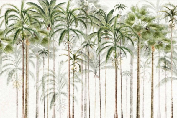 The wallpaper features tall, slender palm trees densely packed together, their long, arching fronds creating a lush canopy. Silhouettes of additional foliage add depth against a light background. The scene captures layered elements of a tropical forest, evoking the majesty of towering trees. Key colors include shades of green for the foliage and various tones of light and muted hues for the background to enhance the layered effect.