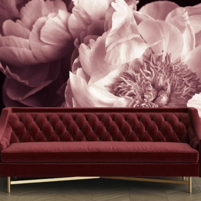 The wallpaper features an enlarged black and white floral mural depicting peonies in full bloom.