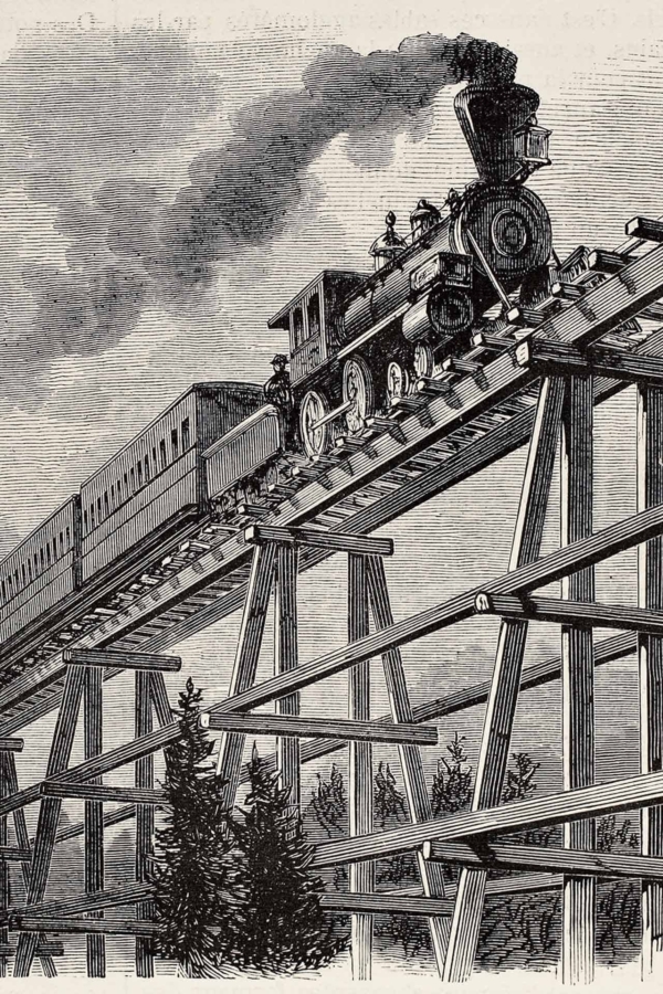 Vintage black and white wallpaper illustration of an old steam locomotive, similar to Thomas, pulling a passenger car. Features: tall wooden trestle bridge, billowing smoke from chimney, trees below. Monochrome color scheme with intricate detailing suitable for search purposes.