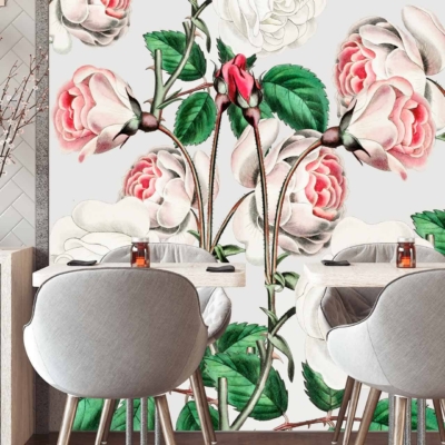 Vibrant floral wallpaper featuring large pink and white roses, green stems, and leaves. The design creates a feeling of being Thorn Amongst the Roses.