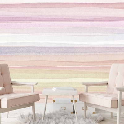 Pastel-colored striped wallpaper with hues of pink, purple, and beige.