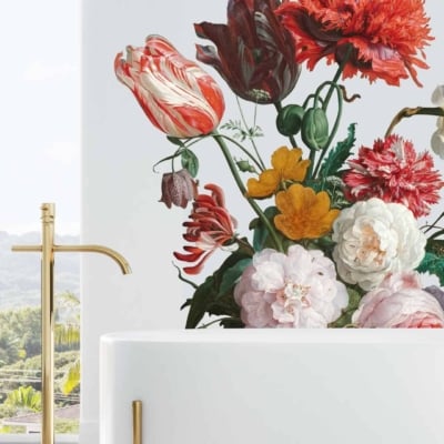 A large, vibrant floral mural featuring an array of colorful flowers, including red, pink, and orange blooms.