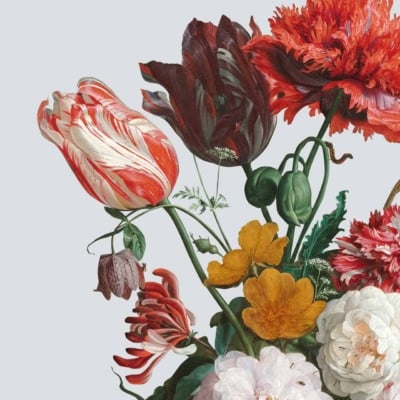 A bouquet wallpaper is vividly displayed with red and white tulips, bright red carnations, yellow blossoms, and textured green leaves. These elements are set against a serene pale blue background. The combination of vibrant colors with the calming backdrop creates a striking visual that captures attention effortlessly.