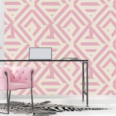 Geometric pink and beige wallpaper designs feature bold shapes and patterns reminiscent of Times Square's vibrant energy. Look for elements like triangles, squares, or abstract motifs in varying shades of pink and beige. The wallpaper should exude a dynamic feel with its contrasting colors and modern design lines.
