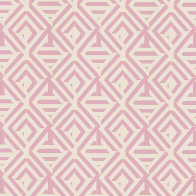 A seamless geometric wallpaper pattern features interlocking diamond shapes, reminiscent of Times Square lights. The design is created with pink lines on a light beige background, forming an intricate, modern and symmetrical appearance. Elements: diamonds, interlocking shapes. Colors: pink lines, light beige background.