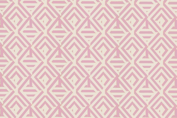 A seamless geometric wallpaper pattern features interlocking diamond shapes, reminiscent of Times Square lights. The design is created with pink lines on a light beige background, forming an intricate, modern and symmetrical appearance. Elements: diamonds, interlocking shapes. Colors: pink lines, light beige background.