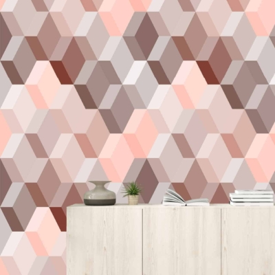 Geometric wall pattern, interlocking cubes, shades of pink, brown, beige.