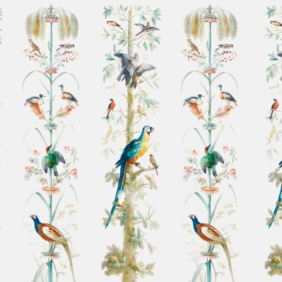 Wallpaper features a repeated pattern of colorful birds perched on branches, with intricate foliage and flowers. Multiple birds, including parrots and small songbirds, are set against a delicate, light-colored background. Botanical elements add flair, reminiscent of vibrant totem pole storytelling. Key elements: colorful birds, intricate foliage, flowers, parrots, songbirds, light background. Colors: vivid bird hues (reds, blues, greens), soft botanical shades (greens, pastels).
