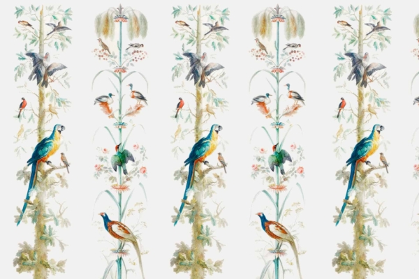 Wallpaper features a repeated pattern of colorful birds perched on branches, with intricate foliage and flowers. Multiple birds, including parrots and small songbirds, are set against a delicate, light-colored background. Botanical elements add flair, reminiscent of vibrant totem pole storytelling. Key elements: colorful birds, intricate foliage, flowers, parrots, songbirds, light background. Colors: vivid bird hues (reds, blues, greens), soft botanical shades (greens, pastels).