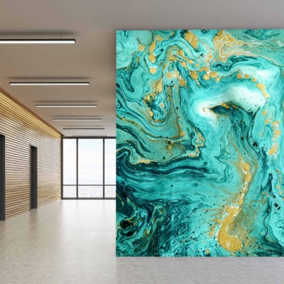 Striking wall mural with a swirling, marble-like pattern in vibrant shades of turquoise, teal, and a touch of gold.