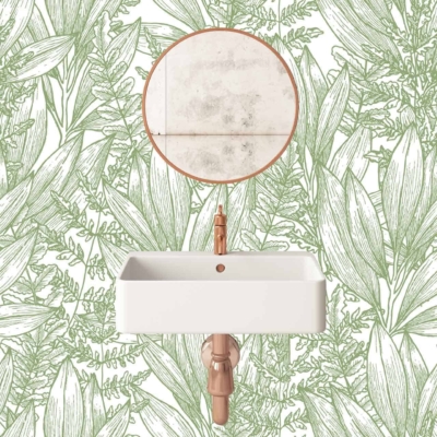 The bathroom wall showcases **green leaf-patterned wallpaper**.