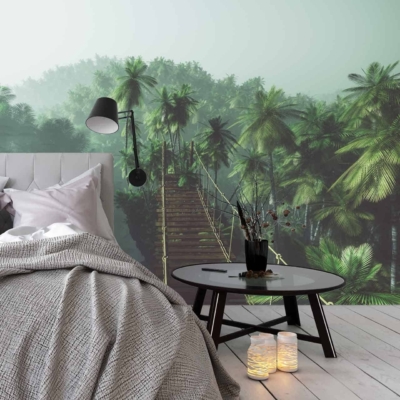 Lush jungle mural with green foliage, treetop walkway, and wooden suspension bridge. Rich greens, browns, and natural tones dominate the design.