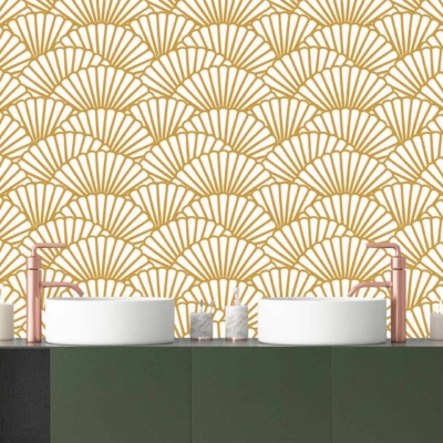 The wallpaper, designed by Trish, showcases a repeating fan pattern in elegant gold on a pristine white background. The combination of shining gold fans against the clean, white backdrop creates a sophisticated and modern aesthetic.