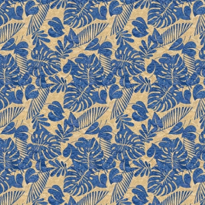 Seamless pattern wallpaper featuring vibrant blue tropical leaves, including monstera and palm leaves, against a textured beige background. The exotic design showcases densely packed foliage. Key elements: blue monstera leaves, blue palm leaves, textured beige background.