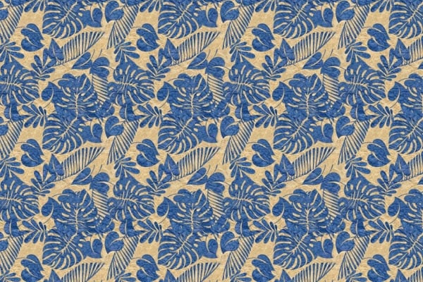 Seamless pattern wallpaper featuring vibrant blue tropical leaves, including monstera and palm leaves, against a textured beige background. The exotic design showcases densely packed foliage. Key elements: blue monstera leaves, blue palm leaves, textured beige background.