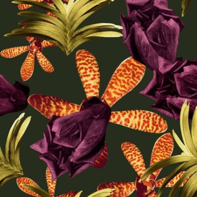 Vibrant wallpaper featuring large purple roses, exotic orange and yellow speckled blooms, and spiky green fronds on a dark green background. Bold and dynamic floral design with intricately intertwined elements by Trudy.
