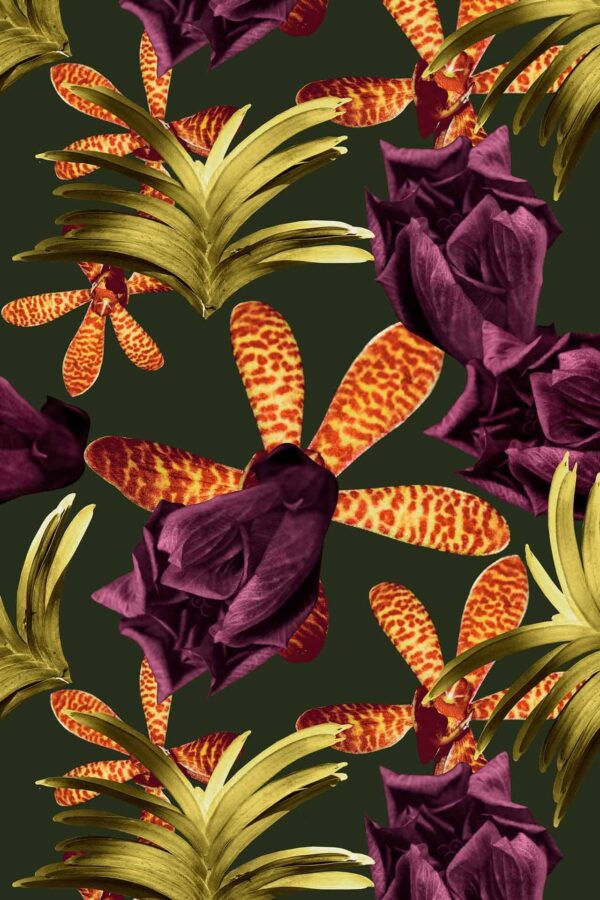 Vibrant wallpaper featuring large purple roses, exotic orange and yellow speckled blooms, and spiky green fronds on a dark green background. Bold and dynamic floral design with intricately intertwined elements by Trudy.