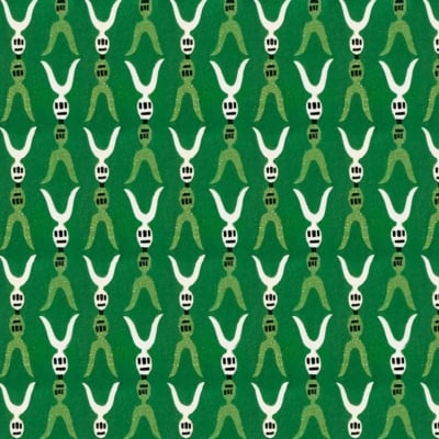Wallpaper features a green background with repeated white silhouettes performing handstands, evoking Ukiyo-e art. Some figures are colored in shades of blue, red, and yellow to provide visual variety.