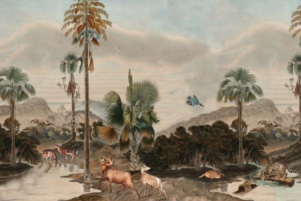 Vintage-style wallpaper with lush, tropical landscape. Elements include: two deer near river, bighorn sheep and antelope facing different directions, leopard by water. Features tall palm trees and distant mountains. Rich colors of green foliage, blue water, and earth tones for animals.