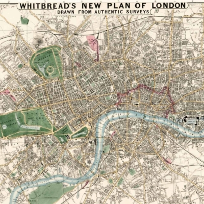 The wallpaper from Whitbread's New Plan of London features intricate cartographic elements, showcasing detailed streets, parks, and the flowing River Thames. Key areas such as Regent's Park, Hyde Park, and the Tower of London are prominently illustrated. The color palette includes muted earth tones with subtle greens for parks and light blues for waterways. This vintage map-themed wallpaper brings a historical charm to any space while highlighting London's significant landmarks.