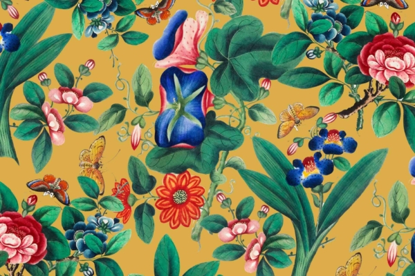 Colorful botanical illustration wallpaper featuring an assortment of vibrant flowers, leaves, and butterflies on a mustard yellow background. Flowers in shades of red, pink, blue, and green intertwined with lush foliage. Orange butterflies accent the scene. Resembles blooming gardens of Valencia.