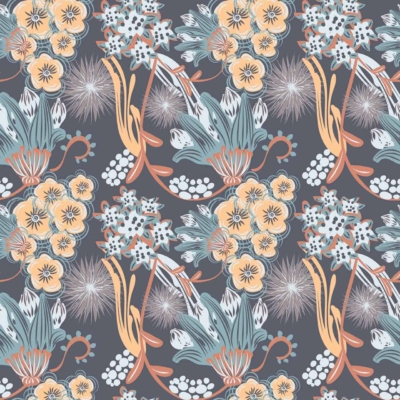 Repeating floral pattern, dark background, yellow flowers, white flowers, teal leaves, orange accents, dotted centers, abstract elements resembling fireworks. Vibrant wilderness of the veld.
