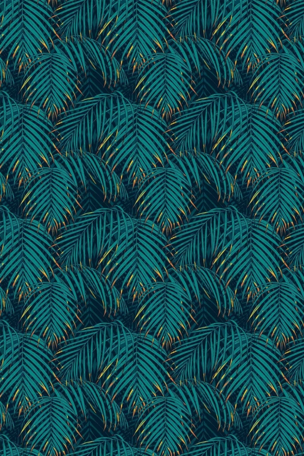 Seamless tropical palm leaves pattern, featuring shades of teal and yellow foliage on a dark background. Dense and vibrant texture echoes exotic allure similar to a Victoria's Secret campaign. Key elements: palm leaves, teal, yellow, dark background, dense foliage.