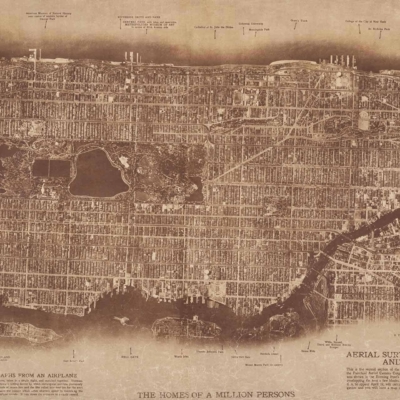 Sepia-toned wallpaper featuring a vintage aerial survey map of Manhattan and the Bronx. Detailed grid showcasing streets, parks, landmarks, and waterways. Emphasis on dense urban structure with an intricate layout. Antique appearance highlighted by brown and beige hues.