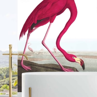 The wallpaper features a vibrant, artistic mural of a large pink flamingo surrounded by smaller flamingos in the background. Colors include various shades of pink for the flamingos, set against lush, tropical greenery.