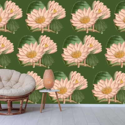 Tropical floral wallpaper, large pink flowers, green leaves, elegance of wading lily.