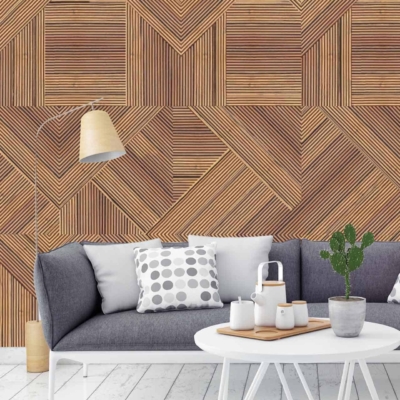 The modern living room features a stunning geometric wooden patterned wall. This wallpaper boasts intricate details with various shades of brown and beige, creating an eye-catching contrast and texture. The wooden patterns incorporate triangular and diamond shapes, adding a contemporary flair to the space. The rich, warm tones in the geometric design perfectly complement the muted elegance of the gray sofa and stylish room decor.
